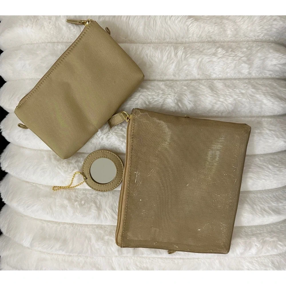 Unbranded Gold Shimmer Makeup Bag Set 3 Piece Mesh Pouch and Mirror